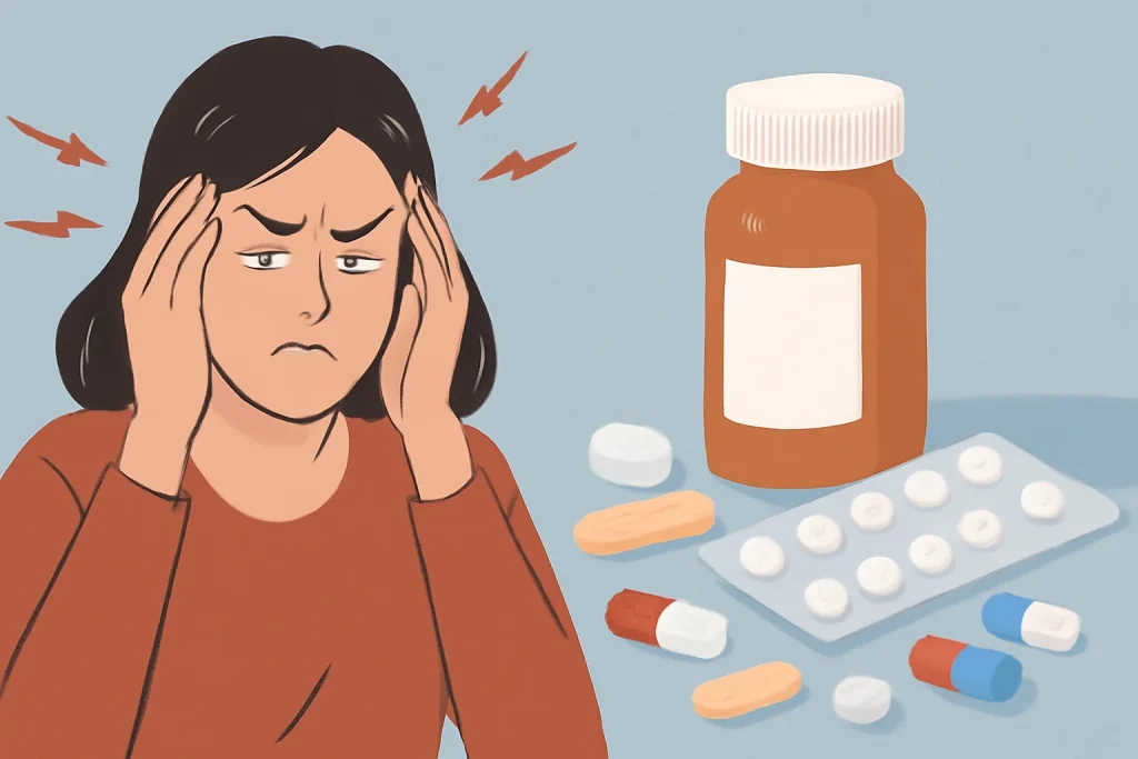 Imagem de capa representando dor cabeça entenda 10, com elementos visuais ilustrando medicamentos e saúde.