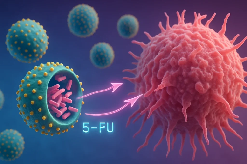 Imagem representando nanotecnologia na quimioterapia com nanopartículas transformando 5-fluorouracilo