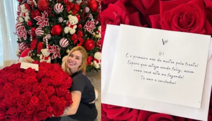 Virginia celebra 1º mês de namoro com Vini Jr. e recebe buquê gigante e declaração de amor: 'Te amo'