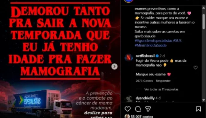Ministério da Saúde une 'Stranger Things' e Netflix em campanha viral de prevenção ao câncer de mama
